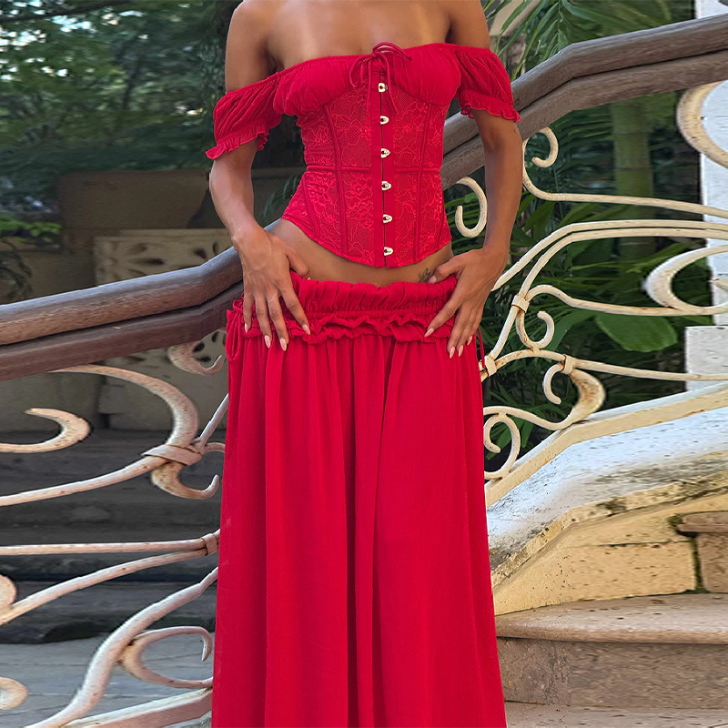 Chic Red Off Shoulder Corset T - огляд і ціна Elastic Lace Trim
