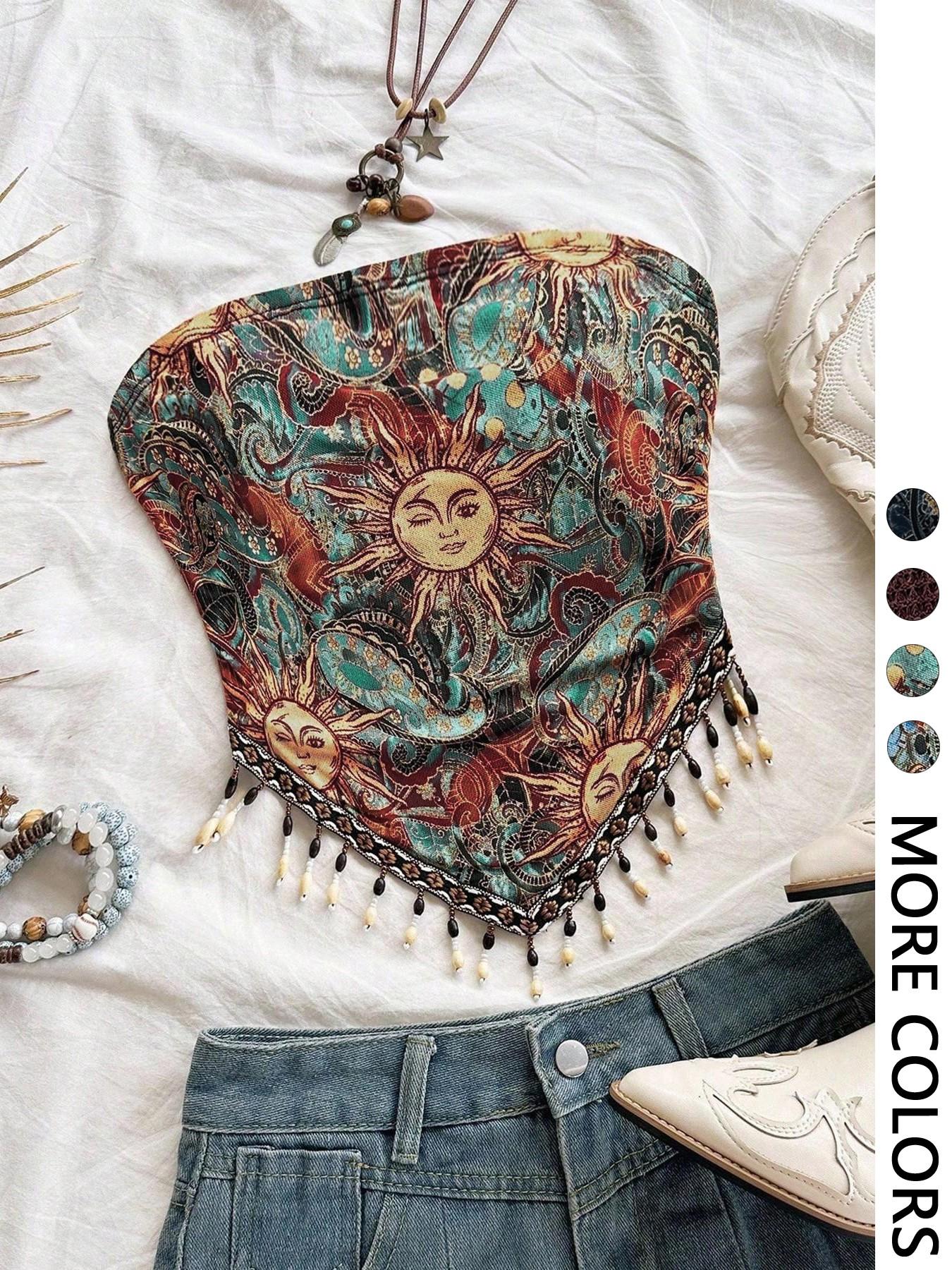 Ladies' 1pc Printed Mesh Knitt - огляд і ціна Beaded Trim Fringe