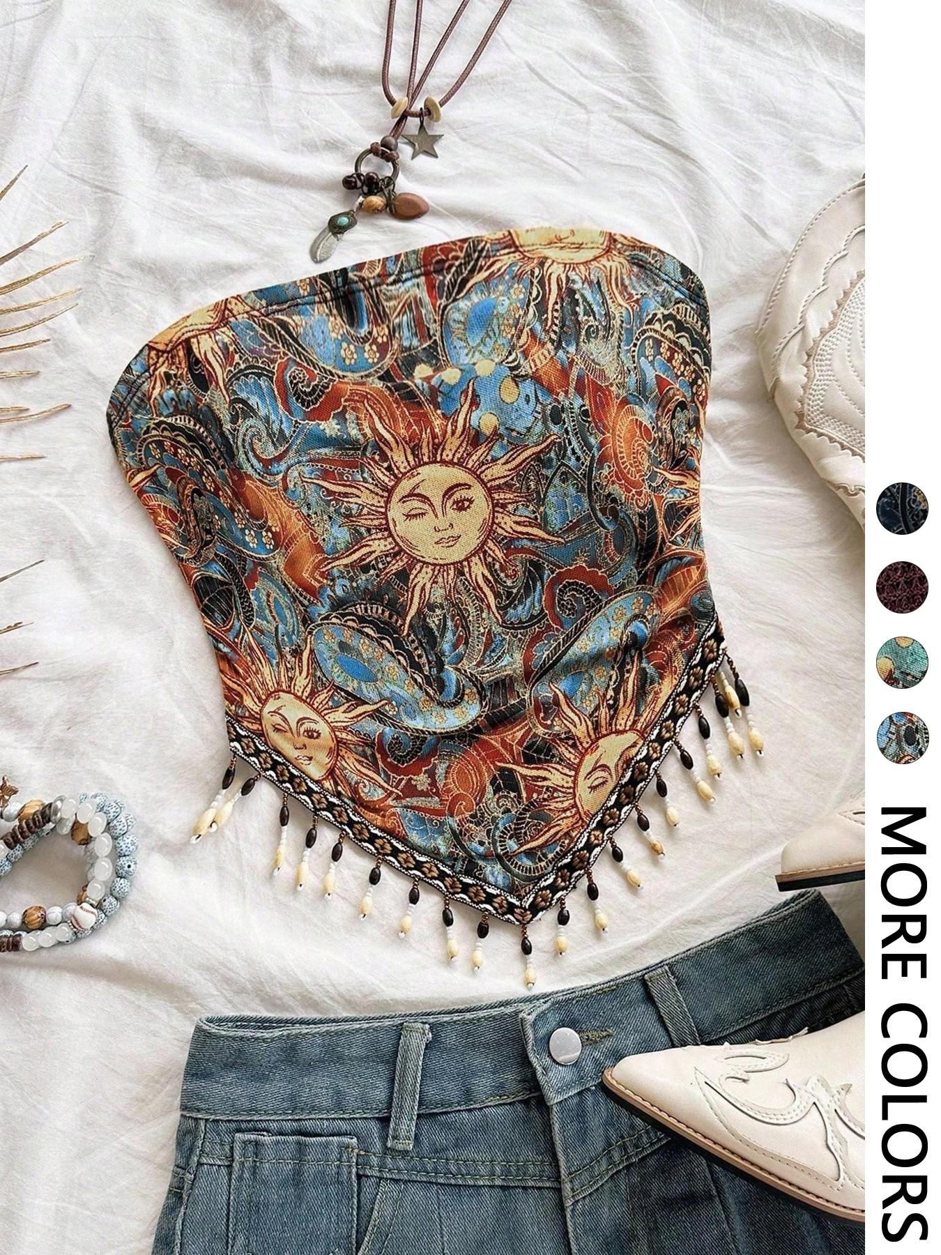 Ladies' 1pc Printed Mesh Knitt - огляд і ціна Beaded Trim Fringe